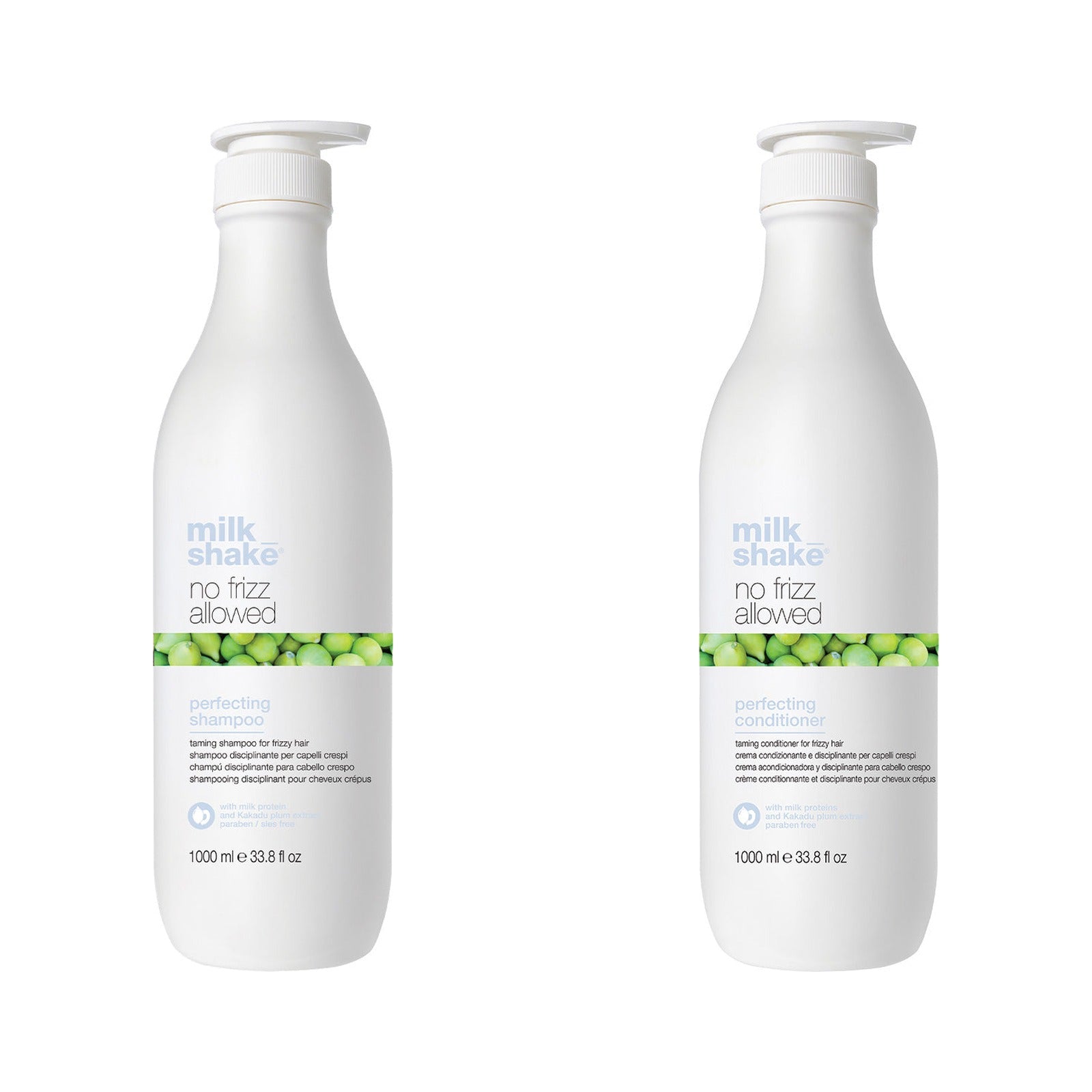 milk_shake No Frizz Allowed Perfecting Shampoo & Conditioner Duo — 1 L + 1 L duo: shampoo and conditioner side by side, plain white background