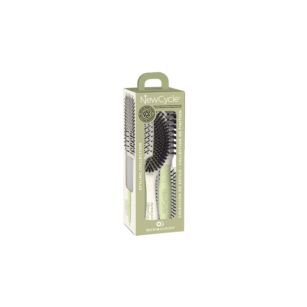 Olivia Garden NewCycle styling brush set of 4 in its retail box, Styling Collection, on a plain white background