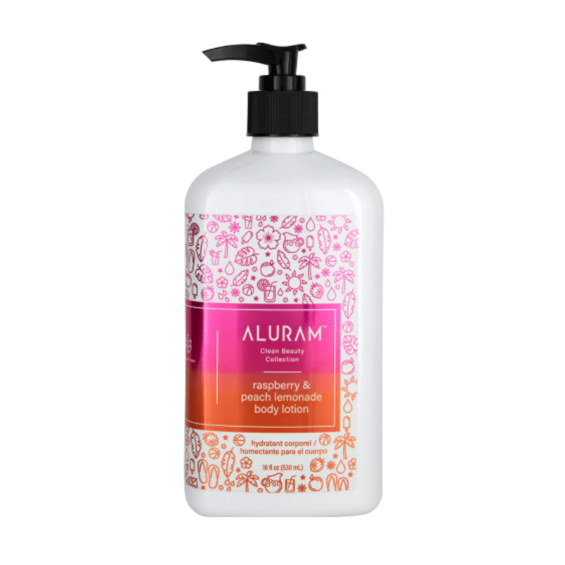 Aluram Raspberry and Peach Lemonade Body Lotion — 18 fl oz / 532 ml pump bottle, pink and orange fruit pattern label, official packshot on white