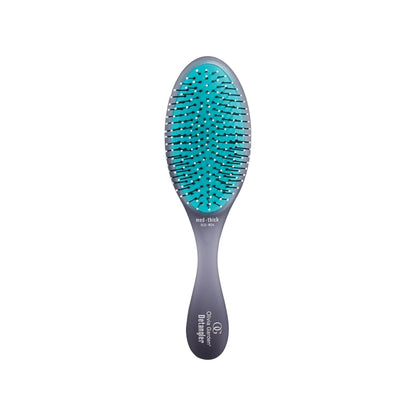 Olivia Garden OG Brush Detangler Medium-Thick Black — graphite-to-black oval detangling brush with a teal cushion and white ball-tip pins, moulded med-thick OGD-M04, Olivia Garden Detangler on the handle, plain white background