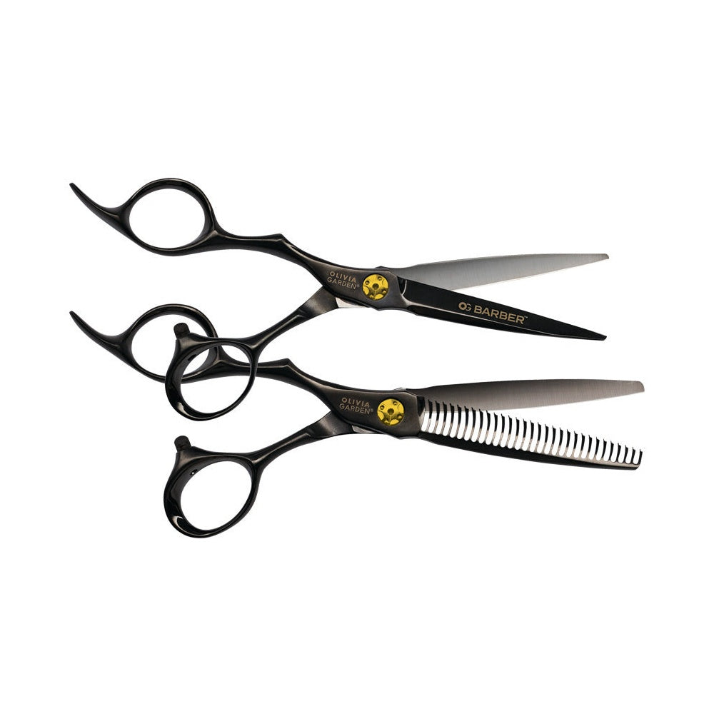 Olivia Garden OG Barber 5.75 inch left-handed offset shear with its straight slimmer, gold tension screw, on a plain white background