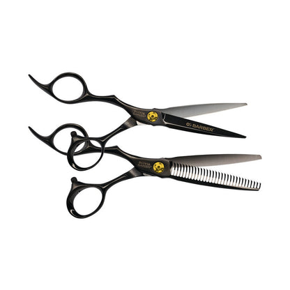 Olivia Garden OG Barber 5.75 inch left-handed offset shear with its straight slimmer, gold tension screw, on a plain white background