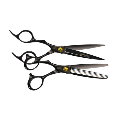 Olivia Garden OG Barber 6.25 inch left-handed offset shear with its straight slimmer, gold tension screw, on a plain white background