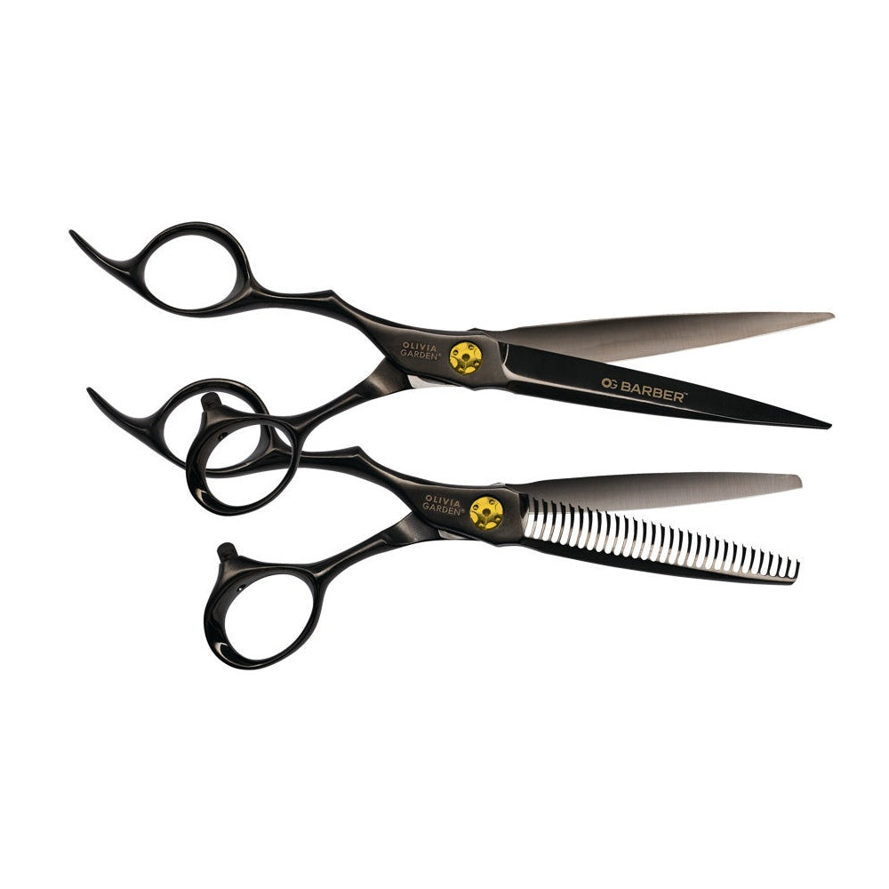 Olivia Garden OG Barber 7 inch left-handed offset shear with its straight slimmer, gold tension screw, on a plain white background