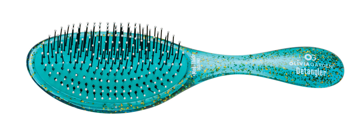 Olivia Garden OG Sparkle detangling brush, medium to thick pin pattern, teal glitter finish, on a plain white background