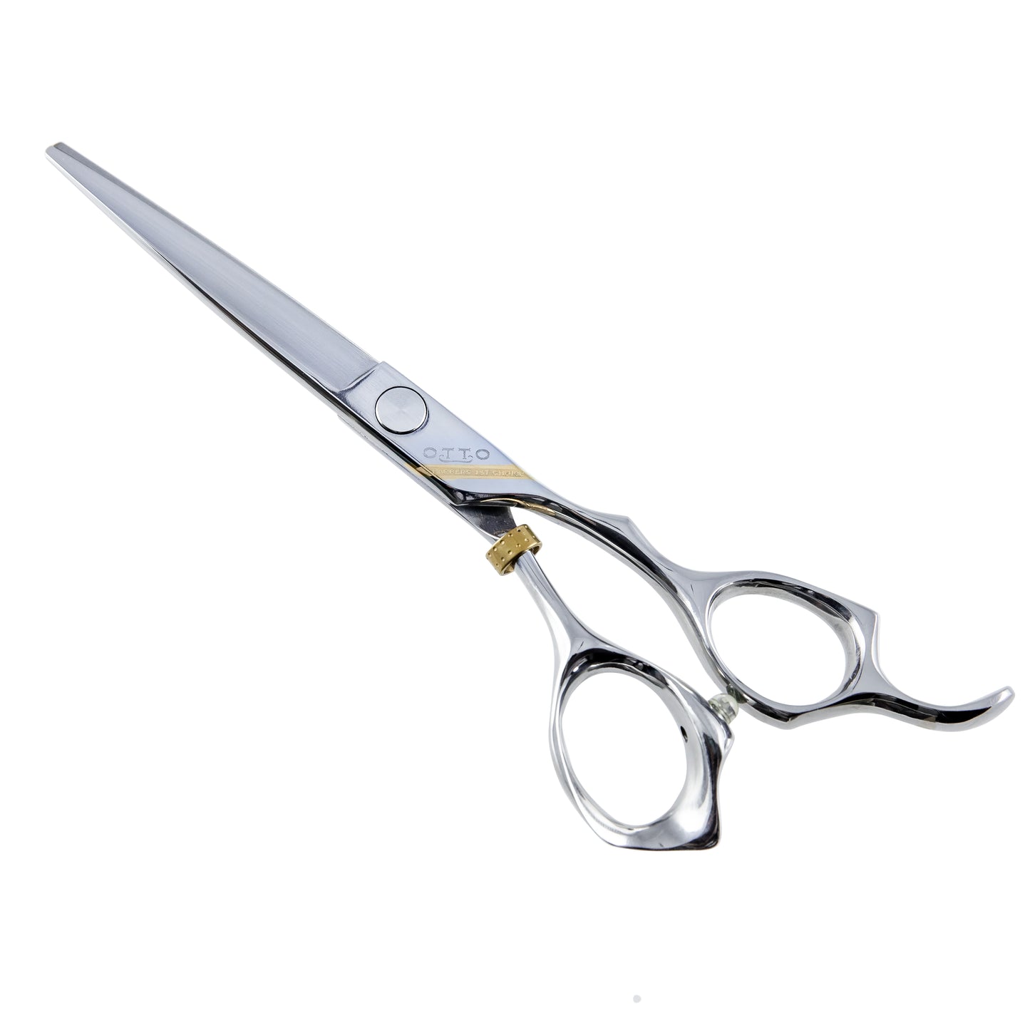 Otto 6-inch Professional Haircutting Shears — blades part-closed, showing the straight convex cutting edge and the gold-accented 3D-offset handle