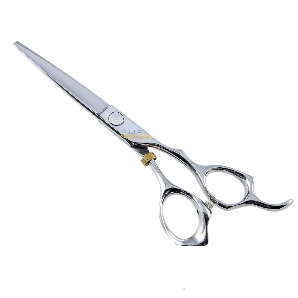 Otto 6-inch Professional Haircutting Shears — blades part-closed, showing the straight convex cutting edge and the gold-accented 3D-offset handle