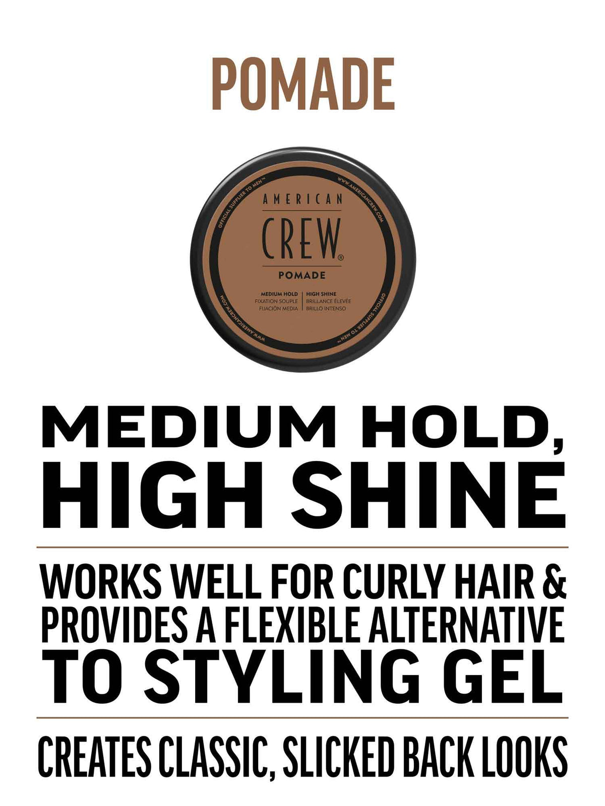 American Crew Pomade — benefits card: medium hold, high shine, works well for curly hair, creates classic slicked-back looks