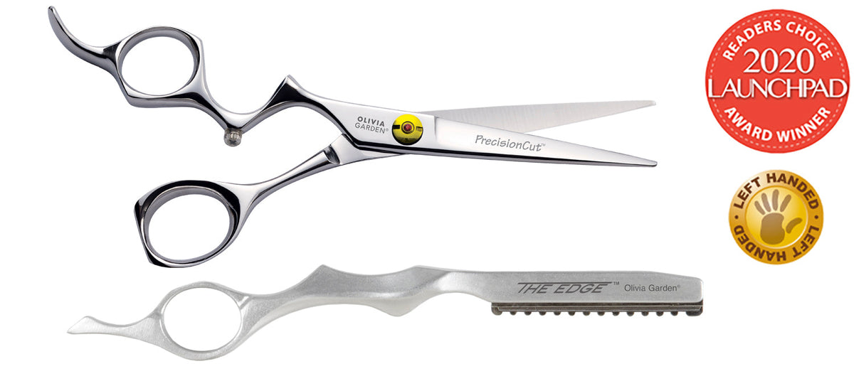 Olivia Garden PrecisionCut 5.75 inch left-handed shear with its matching thinner in the open case, on a plain white background
