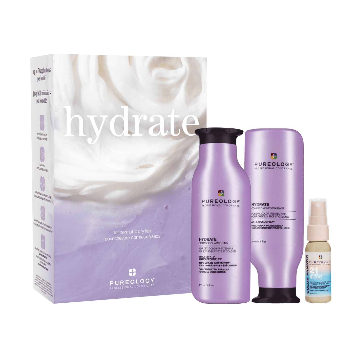 Hydrate Spring Trio - gift carton with Hydrate Shampoo 266 ml, Hydrate Conditioner 266 ml, Color Fanatic 21-in-1 Leave-In Spray 30 ml and Hydrate Glow Catcher Oil 10 ml