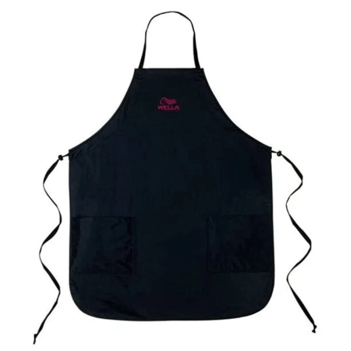 Wella Professionals Salon Apron — black colour apron shown flat with neck strap and side ties extended, on white