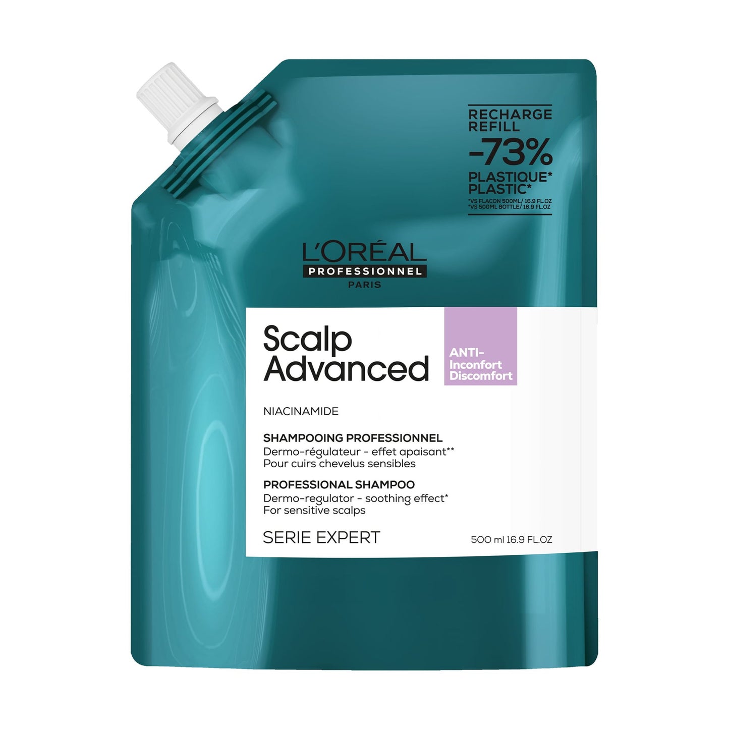L'Oréal Professionnel Scalp Advanced Anti-Discomfort Shampoo — 500 ml refill pouch, teal Serie Expert livery, front label, on white
