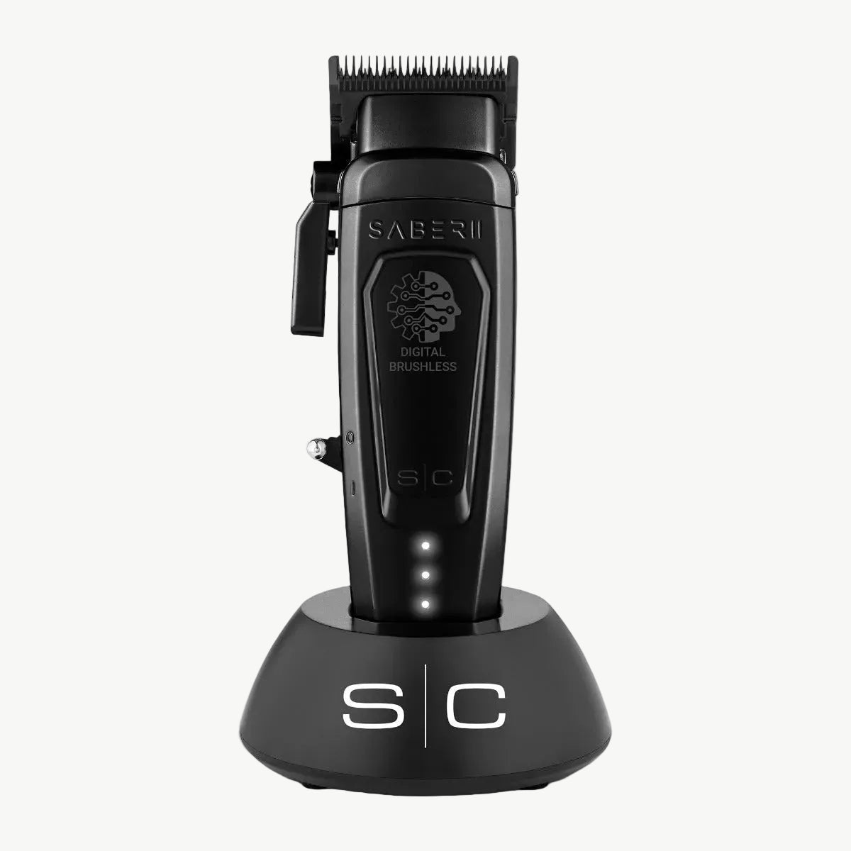 Color: Black; Black metal Saber 2 digital brushless clipper in charging base