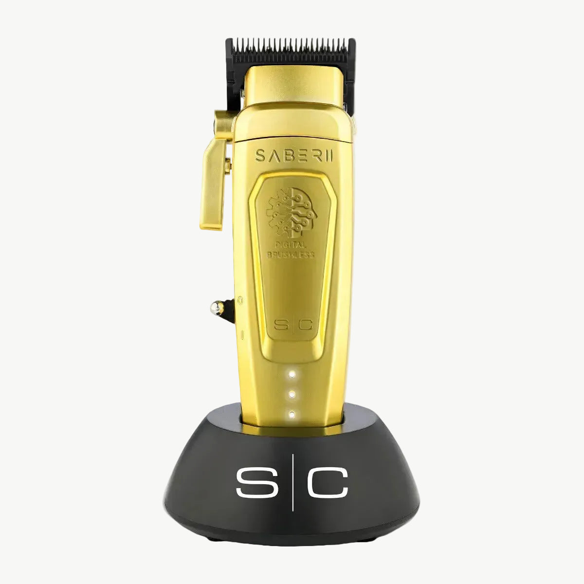 Color: Gold; Gold metal Saber 2 digital brushless clipper in charging base