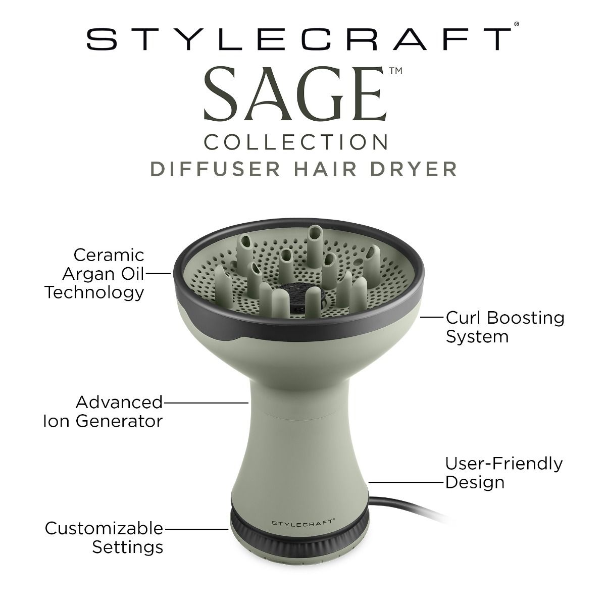 StyleCraft Sage 2-in-1 Diffuser & Hair Dryer – Professional