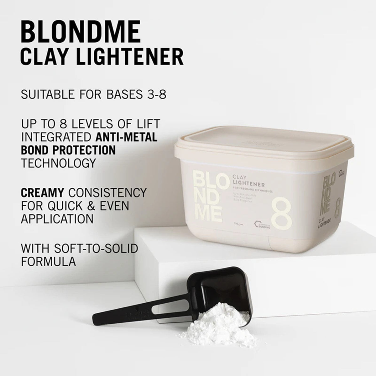 BLONDME Clay Lightener 8 350g — new-livery tub with application scoop and clay powder, feature panel: up to 8 levels of lift, integrated Anti-Metal Bond Protection, creamy soft-to-solid formula