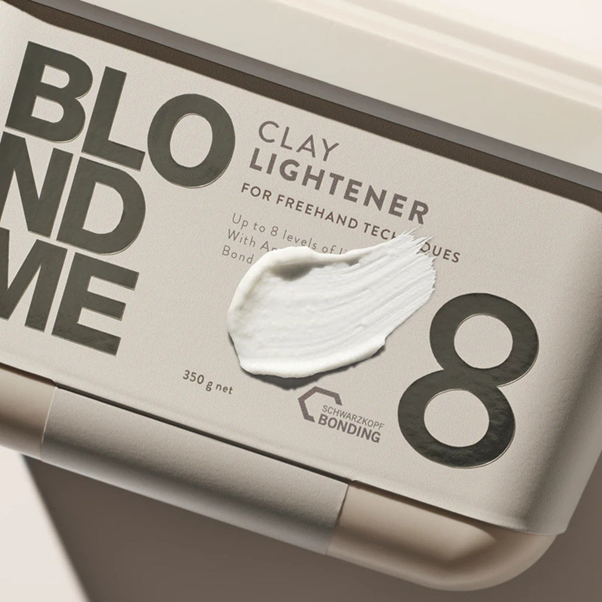 BLONDME Clay Lightener 8 350g — new-livery tub lid close-up showing the numeral 8, clay texture swatch, 350 g net and the Schwarzkopf Bonding mark