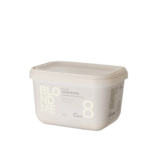 BLONDME Clay Lightener 8 350g — new Clay Lightener 8 livery: cream 350 g tub, front label reading Clay Lightener 8 for freehand techniques, up to 8 levels of lift with Anti-Metal Bond Protection, plain white background