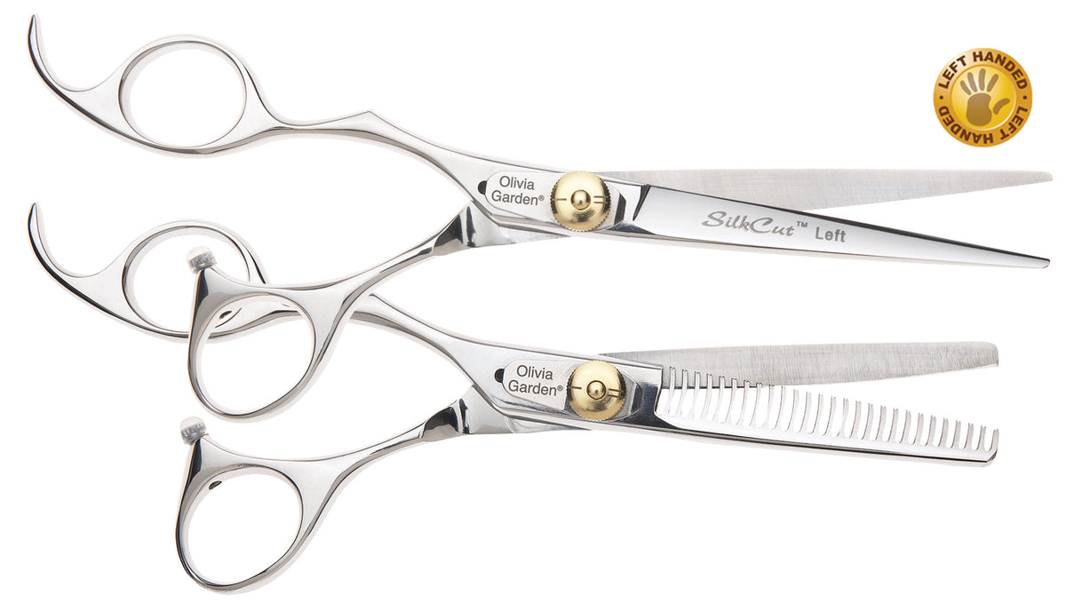 Olivia Garden SilkCut 6.5 inch left-handed shear with its matching thinner in the open case, on a plain white background