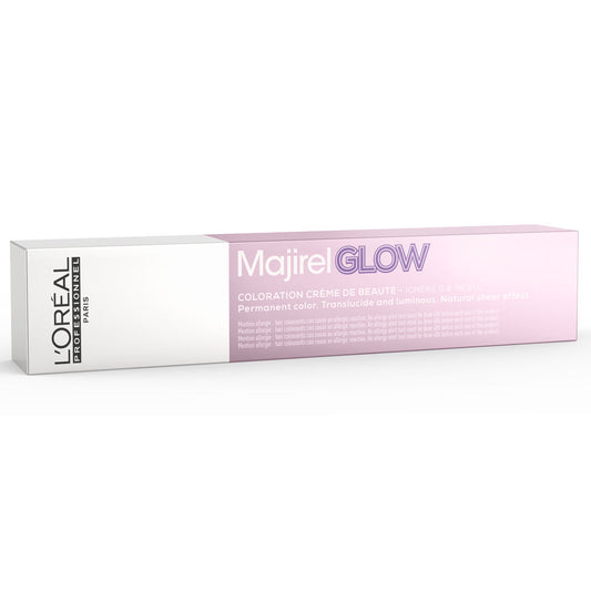 L'Oréal Professionnel Majirel Glow Translucent Permanent Colour — 50 ml tube and carton, front label, plain white background
