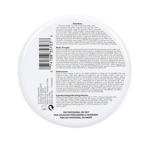 Satin Smooth Luxury Gem Wax 14oz - Amethyst Crystal — 14 oz (397 g) tin, underside of the pack showing the label and barcode - current satinsmooth.com livery, white can reading "INFUSED WITH"