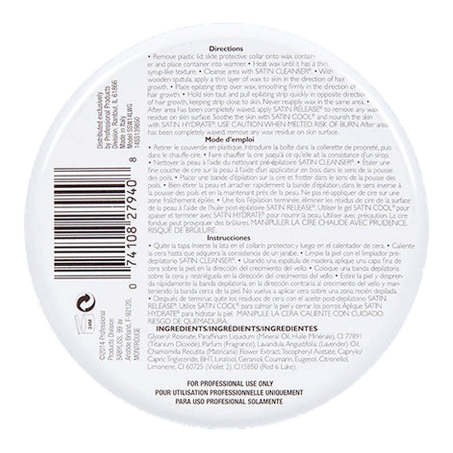 Satin Smooth™ Lavendar Chamomile Cream WAX — 14 oz (397 g) tin, underside of the pack showing the label and barcode