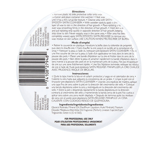 Satin Smooth Wax - Tea Tree — 14 oz (397 g) tin, underside of the pack showing the label and barcode