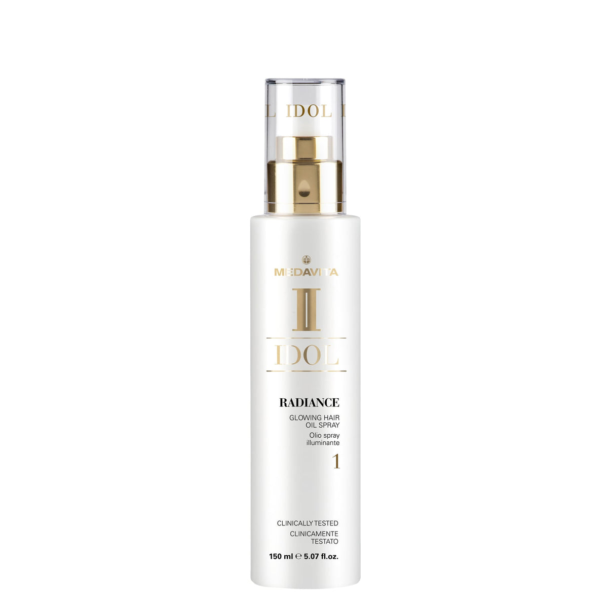 Medavita Idol Radiance Glowing Hair Oil Spray — 150 ml Radiance Glowing Hair Oil Spray bottle, front label, plain white background