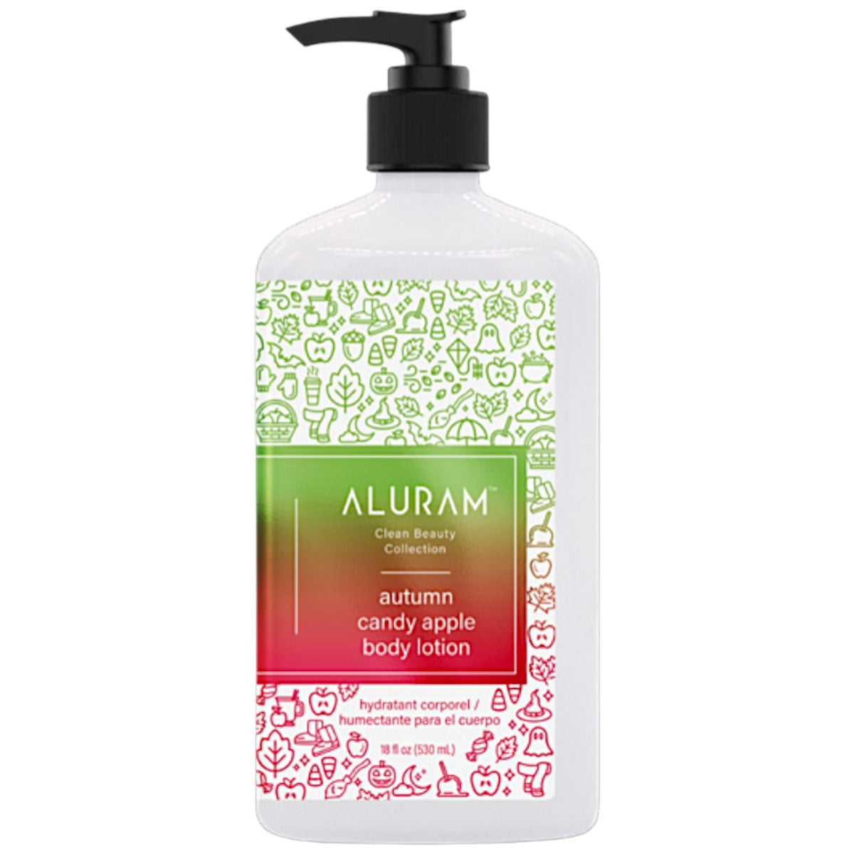 Aluram Autumn Candy Apple Body Lotion — 18 fl oz / 532 ml pump bottle, front label with red and green autumn pattern, official packshot on white