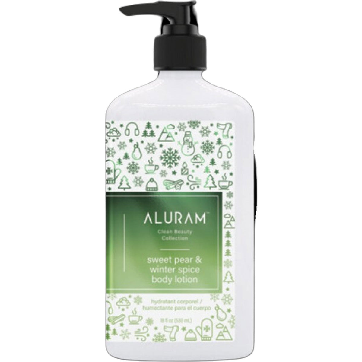 Aluram Sweet Pear Winter Spice Body Lotion — 18 fl oz / 530 ml pump bottle, green winter pattern label, official packshot on white