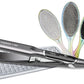 Olivia Garden Flat Iron — black and silver Titanium + Ion flat iron showing 455 on its display, resting on a silver dotted heat-resistant mat, with three iridescent oval Olivia Garden brushes fanned behind it, plain white background