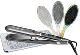 Olivia Garden Flat Iron — black and silver Titanium + Ion flat iron showing 455 on its display, resting on a silver dotted heat-resistant mat, with three iridescent oval Olivia Garden brushes fanned behind it, plain white background