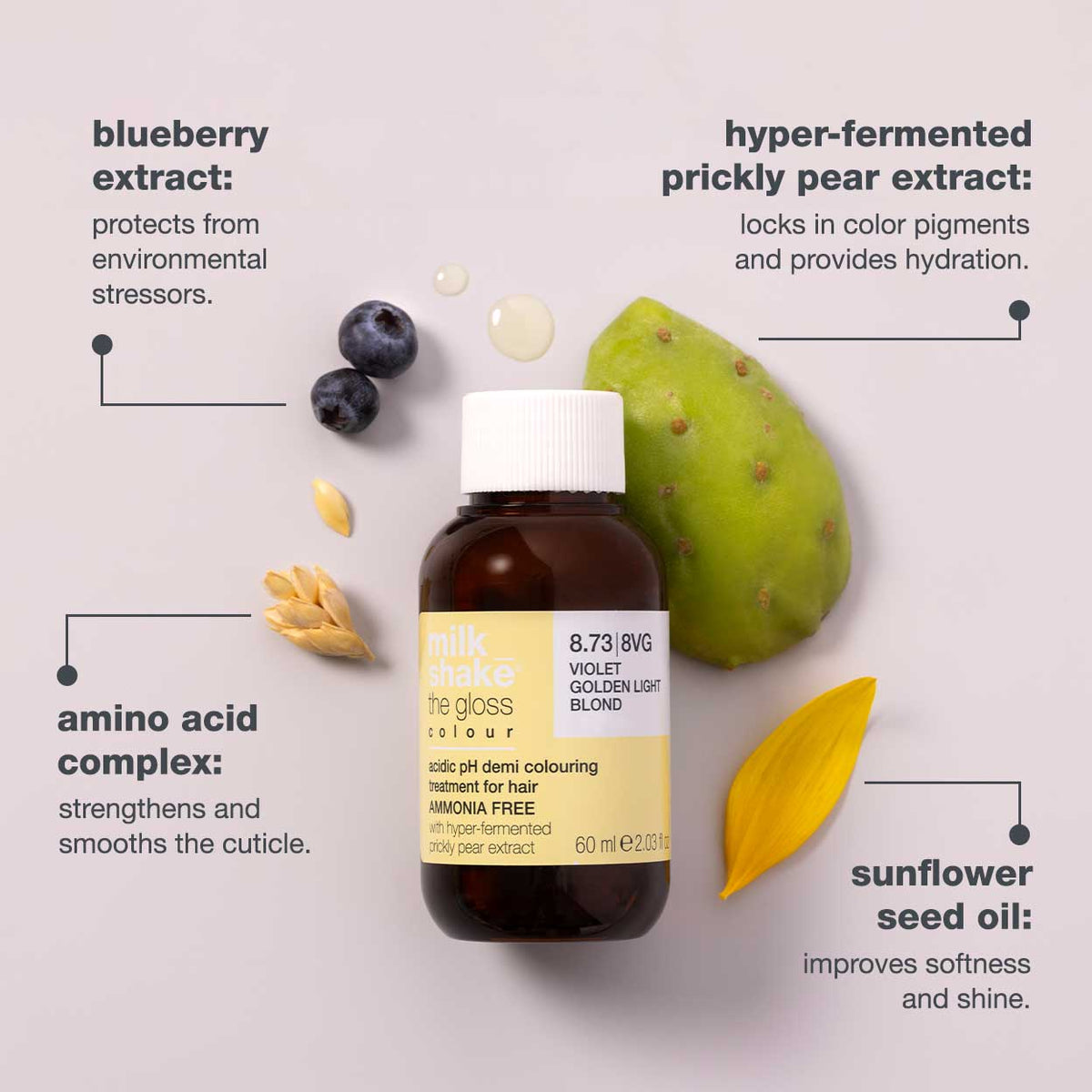 milk_shake The Gloss Colour — active ingredients: hyper-fermented prickly pear extract, amino acid complex, blueberry extract, sunflower seed oil