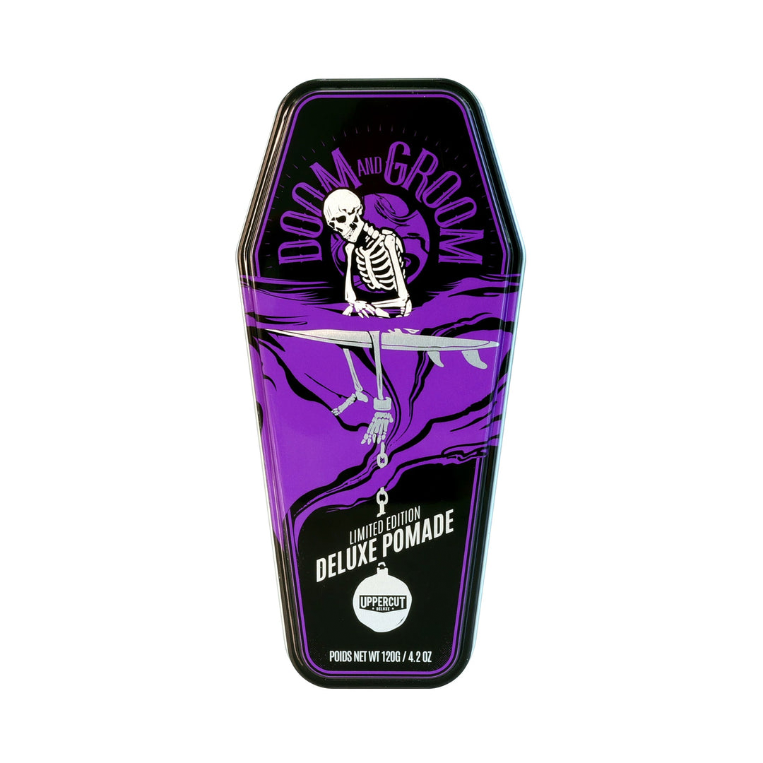 Uppercut Deluxe Doom & Groom Pomade — 120 g limited-edition purple coffin tin, front, plain white background