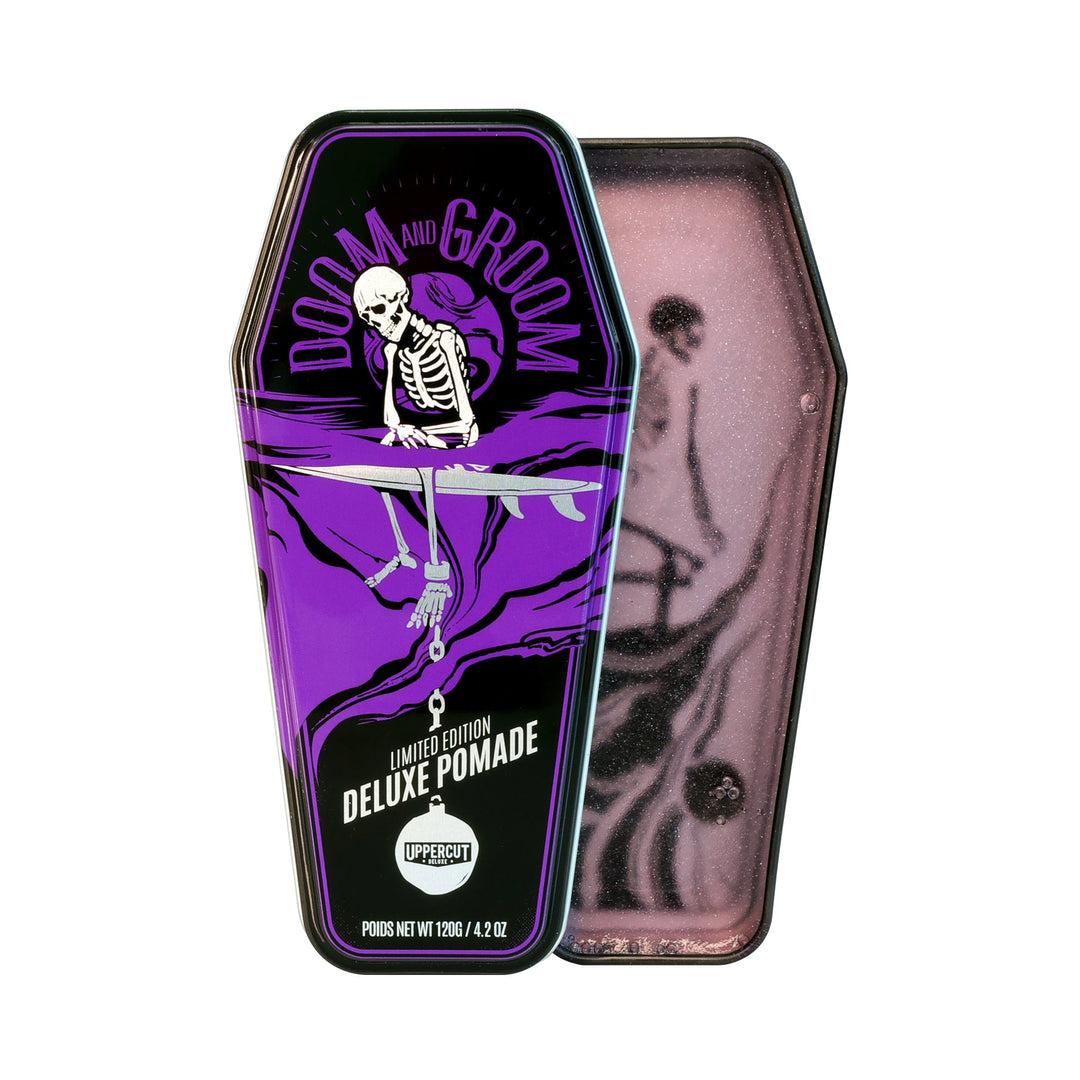 Uppercut Deluxe Doom & Groom Pomade — 120 g coffin tin open beside its lid, plain white background