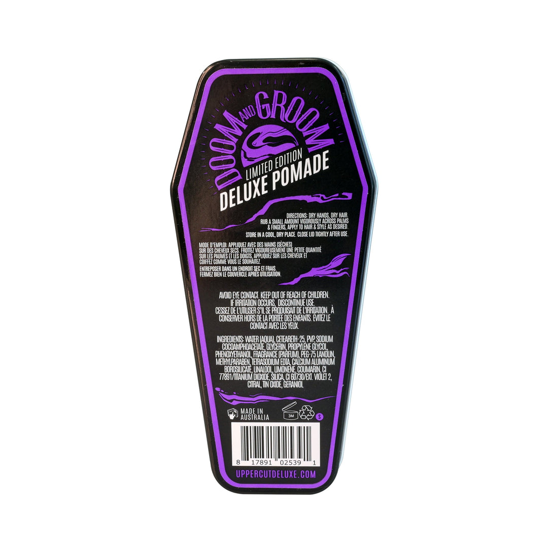 Uppercut Deluxe Doom & Groom Pomade — 120 g coffin tin back label with ingredients and net weight