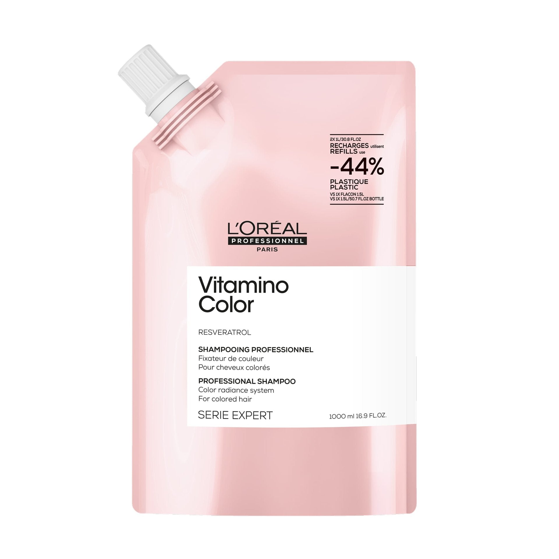 L'Oréal Professionnel Vitamino Color Shampoo — 1 L refill pouch, pink Serie Expert livery, front label, on white