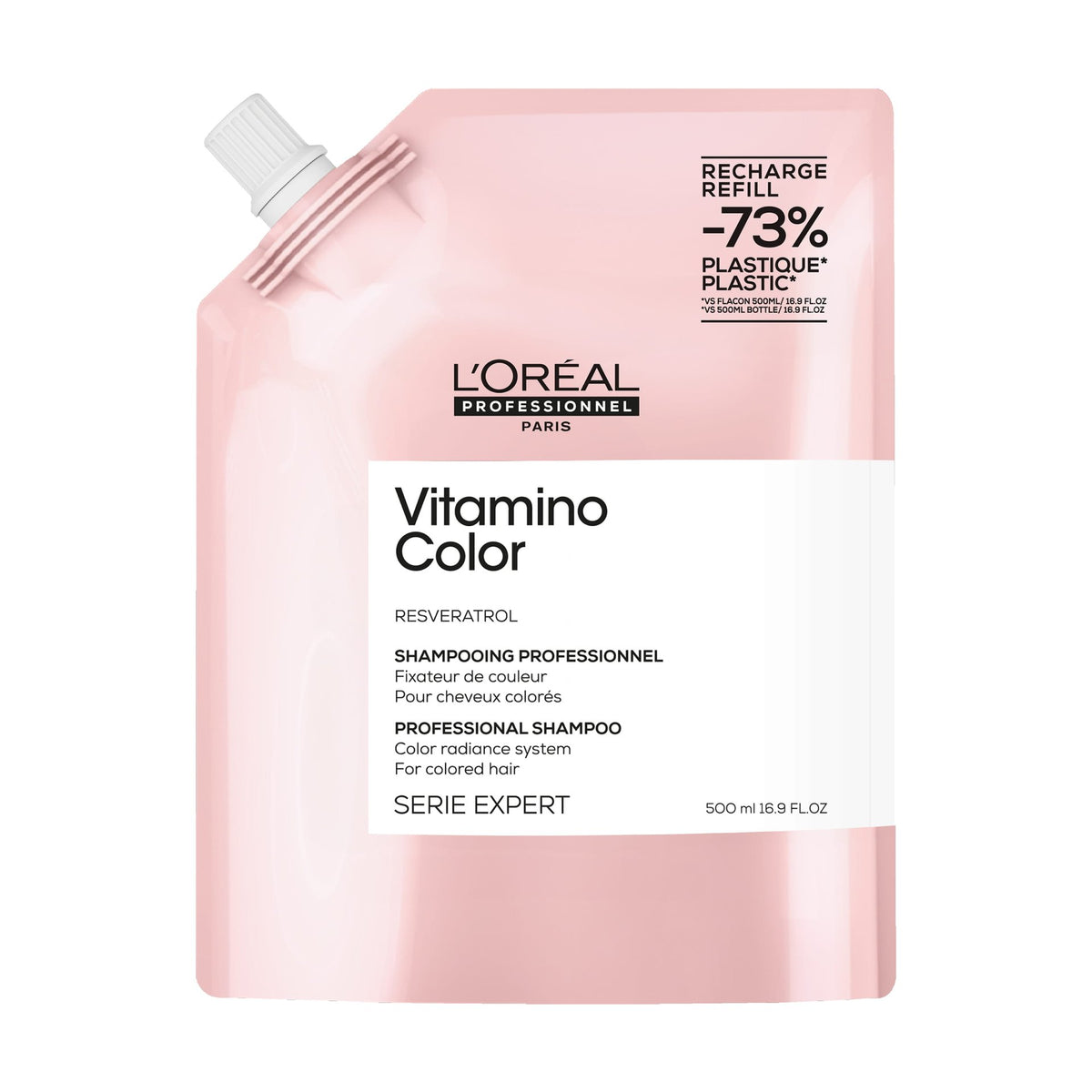 L'Oréal Professionnel Vitamino Color Shampoo — 500 ml refill pouch, pink Serie Expert livery, front label, on white