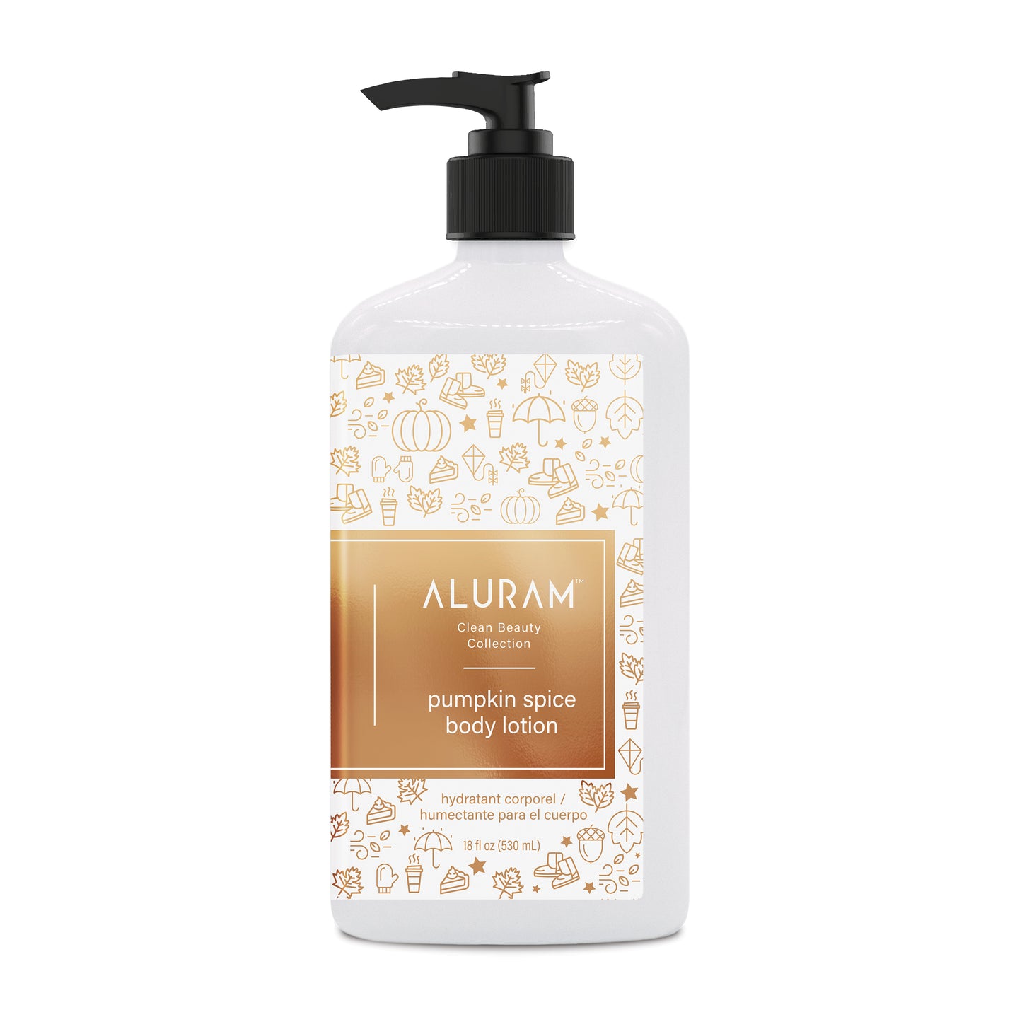 Aluram Pumpkin Spice Body Lotion — 18 fl oz / 532 ml pump bottle, gold pumpkin spice label, official packshot on white