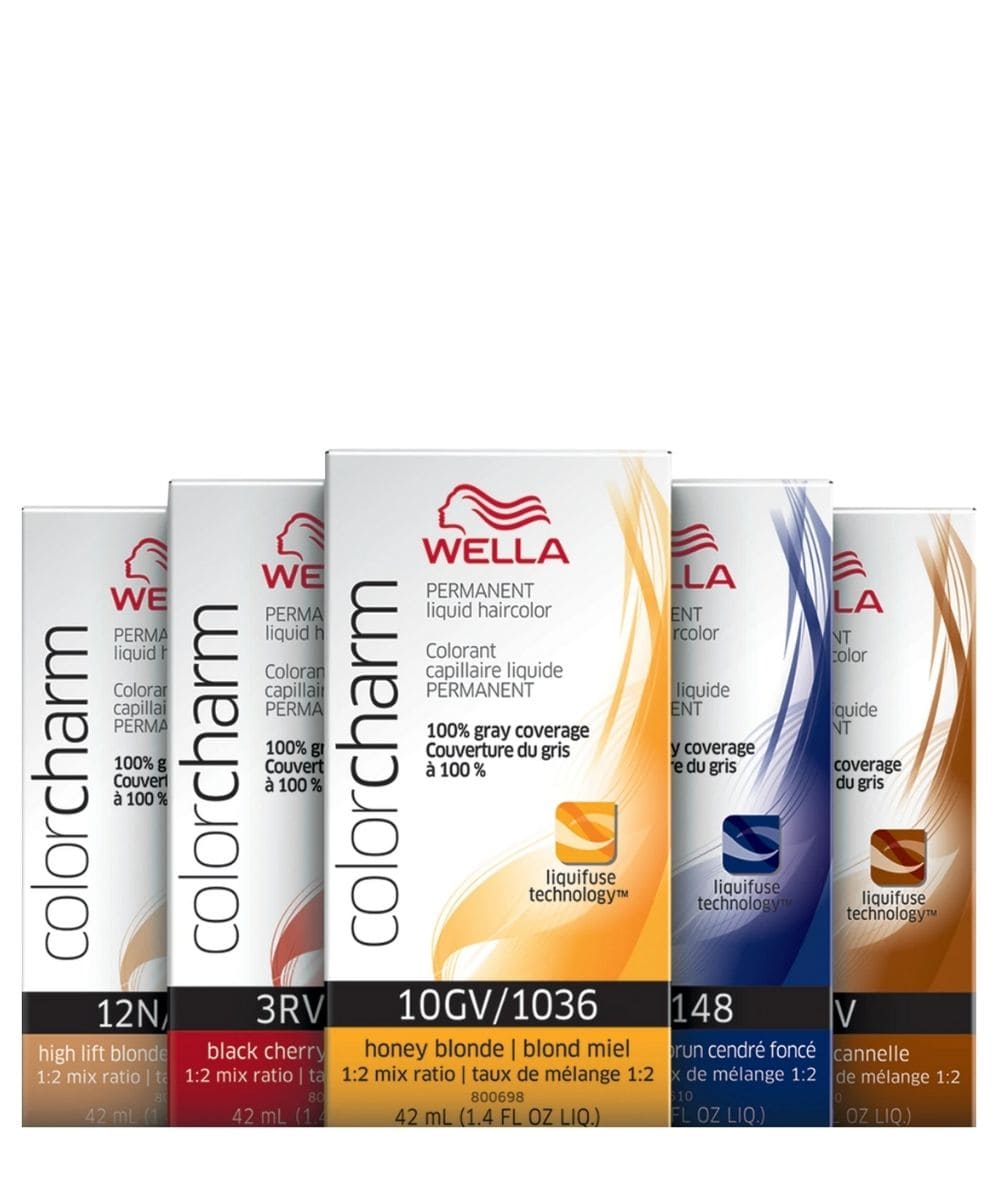 Wella Professionals Color Charm liquid haircolor and toner range — five 42 ml cartons shown side by side; no single shade is depicted
