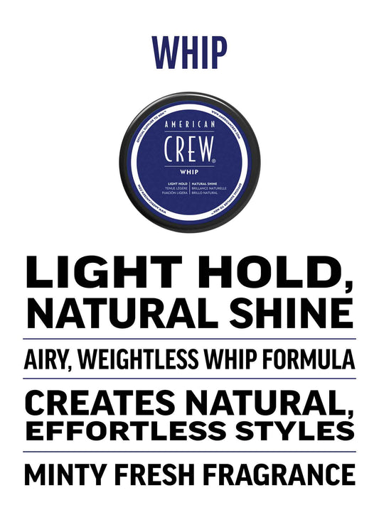 American Crew Whip Lightweight Styling Cream — benefits card reading light hold, natural shine, airy weightless whip formula, minty fresh fragrance