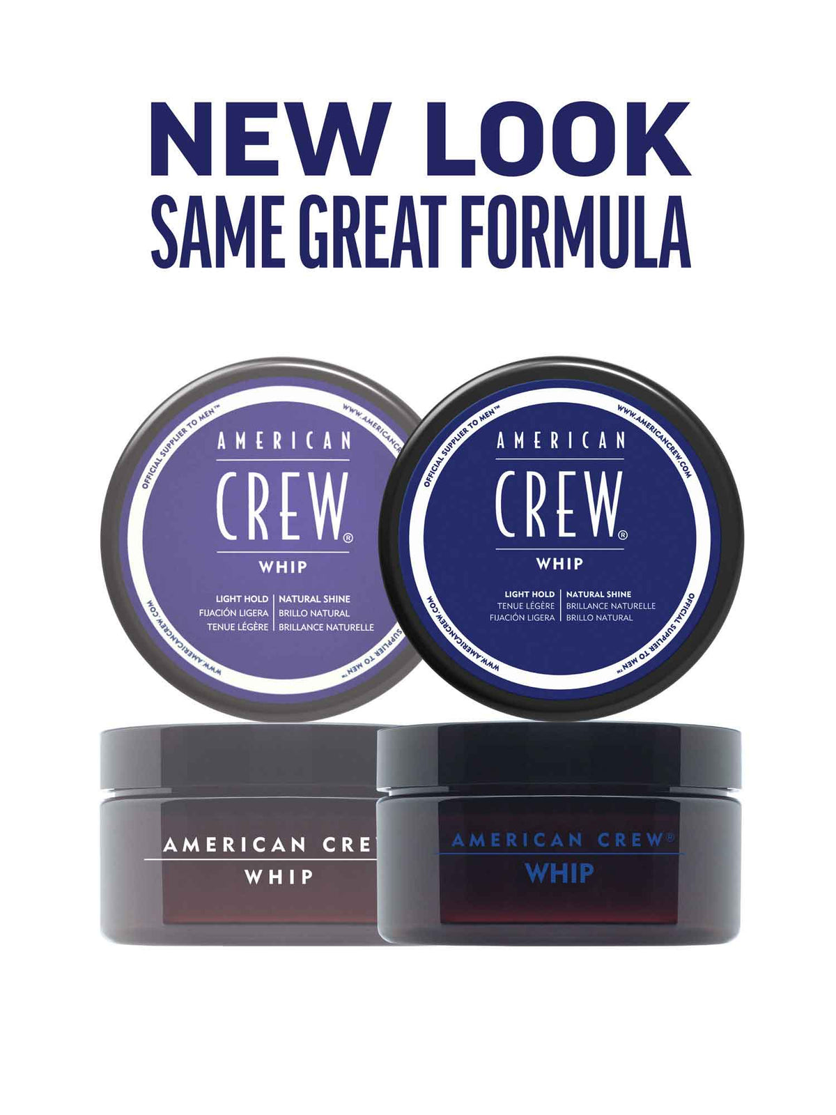 American Crew Whip Lightweight Styling Cream — new look, same great formula card showing the previous and current Whip tub packaging