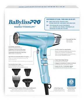 BabylissPRO Nano Titanium Hair Dryer, Professional 2000-Watt Blow Dryer, Ionic Technology Dries Hair Faster With Less Frizz